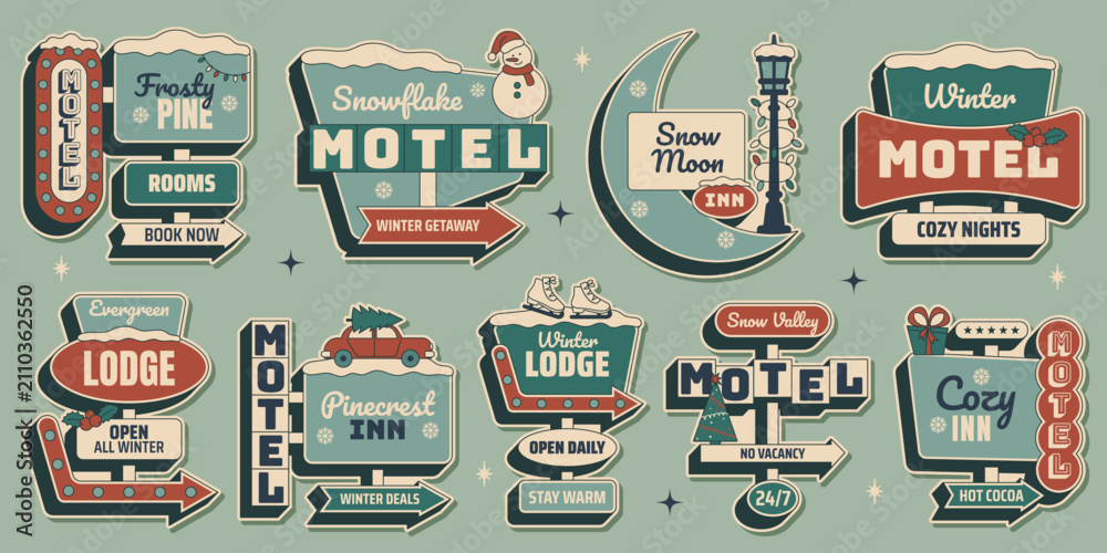 Obraz premium Retro winter Christmas sticker sign set with snowy motel, lodge, inn, moon, pine trees and cozy holiday travel signs. Vector illustration in vintage mid century 50s style