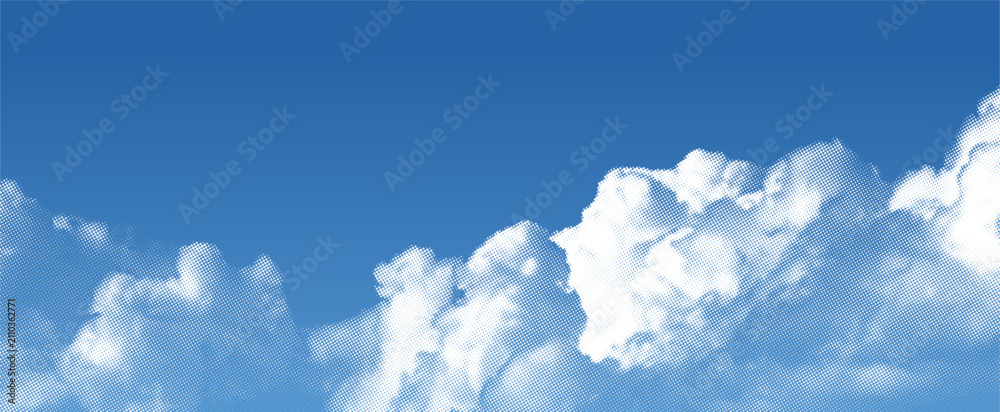 Obraz premium Halftone Cloud on Blue Sky. Vector Retro Summer Pattern with Dots. Pop Art Halftone Effect Clouds. Abstract Manga Book Anime Background.