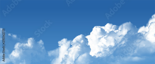 Halftone Cloud on Blue Sky. Vector Retro Summer Pattern with Dots. Pop Art Halftone Effect Clouds. Abstract Manga Book Anime Background.