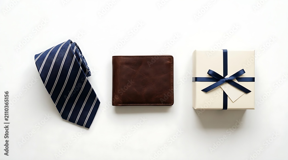 Obraz premium Elegant Father's Day Gift Set with Striped Blue Necktie, Brown Leather Wallet and Wrapped Gift Box