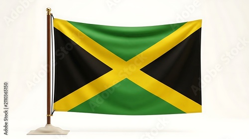 Jamaican Flag Waving on a Wooden Flagpole Against a Clean White Backdrop, Professional 3D Render