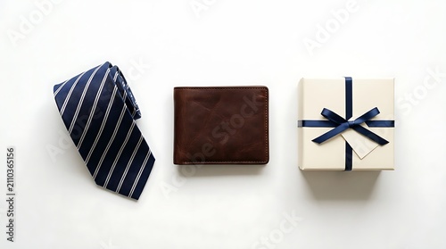Elegant Father's Day Gift Set with Striped Blue Necktie, Brown Leather Wallet and Wrapped Gift Box