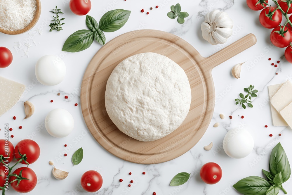 Fototapeta premium Fresh mozzarella cheese on a wooden board surrounded by ripe cherry tomatoes basil garlic and spices in a colorful kitchen setting