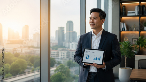 Confident executive holding a digital tablet with performance slides by a large office window
