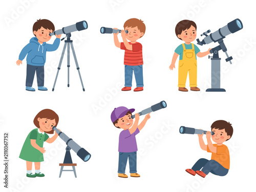 Cute Kids Looking Through Telescope Vector Illustration Set
