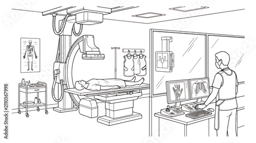 Bild auf Leinwand Medical radiology room line art vector, patient undergoing fluoroscopy or X-ray