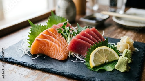 Fresh Sashimi Platter with Salmon and Tuna on Slate Board - Premium Japanese Cuisine with Paper-Thin Raw Fish Slices, Wasabi, Pickled Ginger, Lemon and Shiso - Restaurant Quality Seafood Dish