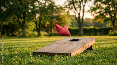 Red Bean Bag Toss Flying Mid-Air Toward Wooden Cornhole Board Hole on Lush Green Summer Grass in Sunny Park Backyard, Outdoor Lawn Game Recreation Activity with Blurred Trees Background