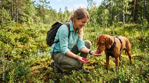 Happy woman hiker with brown dog picking wild red cranberries in sunny forest bog, outdoor adventure lifestyle, nature exploration with pet canine companion in wilderness landscape during summer day