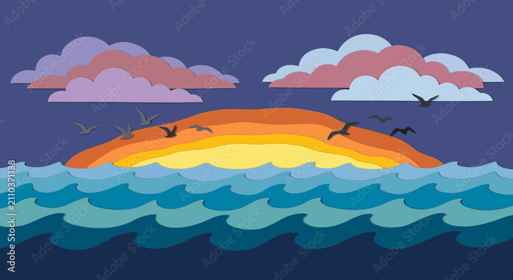 Fototapeta premium Island sunset, ocean waves, flying birds, colorful clouds