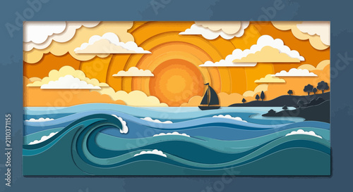 Sailing boat at sunset over wavy ocean, paper cut art style