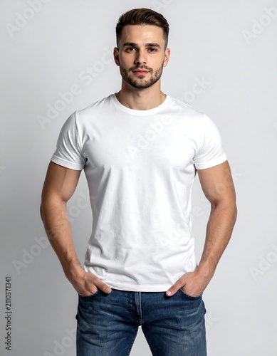 A young man with dark hair and a beard, in a white t-shirt and jeans, poses with his hands in pockets