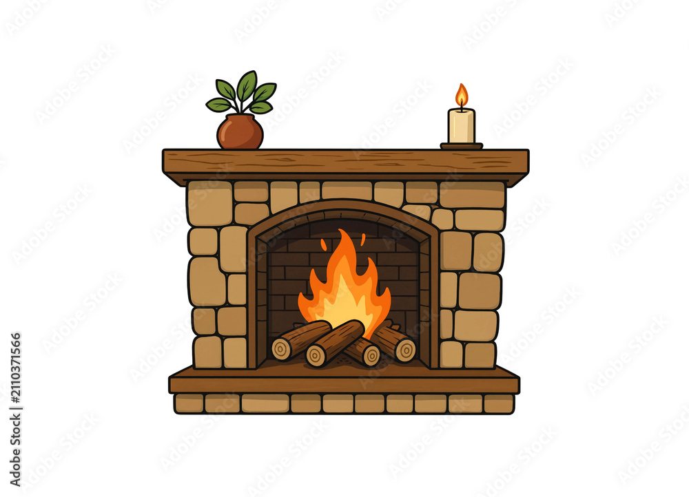 Fototapeta premium Vector illustration of a stone fireplace with a bright fire, potted plant and candle on a transparent background