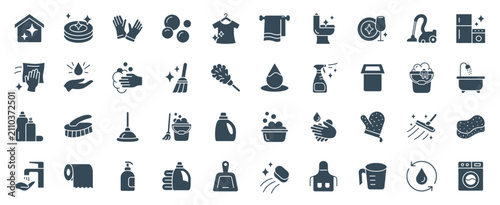 Domestic housekeeping glyph collection with chores and cleaning supplies