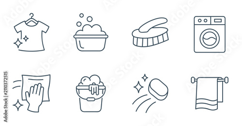 Laundry care outline icon set with washing and cleaning symbols