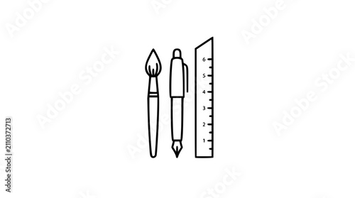 Minimalist vector illustration featuring essential art and design tools: a paintbrush, a fountain pen, and a ruler. This clean, scalable line icon set represents creativity, drafting, and artistic