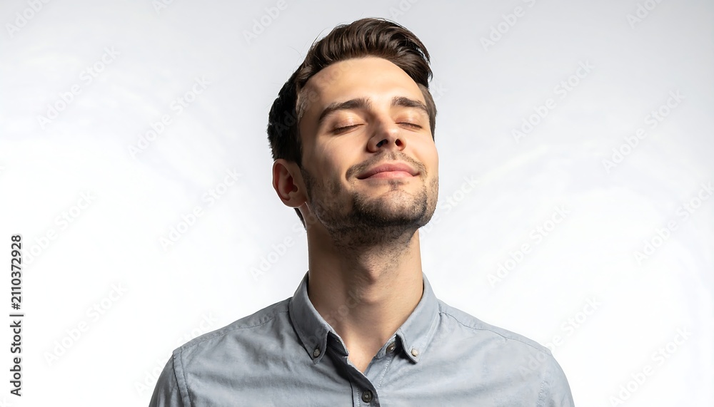 Obraz premium A young man with dark hair, closed eyes, and a slight smile, suggesting tranquility, against a plain white background