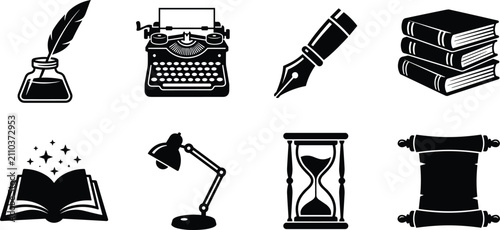Fotografía Vintage Literature and Writing Vector Icons Set Featuring Feather Quill, Typewri