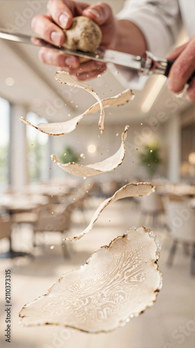 Hand holding a white truffle while slicing it in a modern restaurant interior with tables