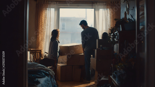 A refugee family unpacking boxes into a modest new apartment while a neighbor carries in a chair to help, cardboard boxes and morning light through a bare window