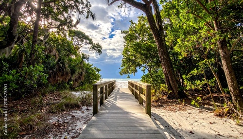 A wooden walkway leads to a sun-drenched beach through lush, green foliage under a partly cloudy sky
