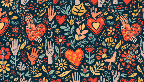 Foto Seamless pattern with folk art style hearts, hands, flowers, and leaves on a dark background, symbolizing love, nature, and community