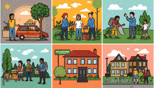 Illustrations depicting various community service activities including planting trees, cleaning up litter, distributing food, and volunteering in neighborhoods.