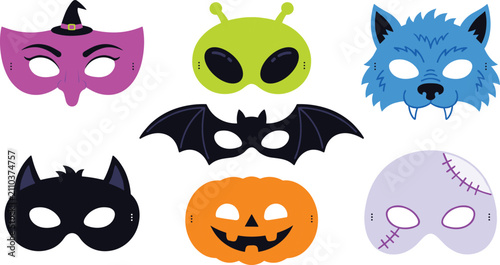 Halloween Costume Mask Collection Featuring Witch, Alien, Wolf, Bat, Cat, Pumpkin, and Monster Face Masks in Colorful Vector Illustration Set