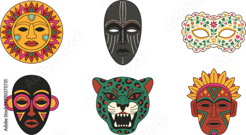 Obraz na płótnie Traditional Cultural Mask Collection Featuring Tribal, Festival, Animal, Floral,