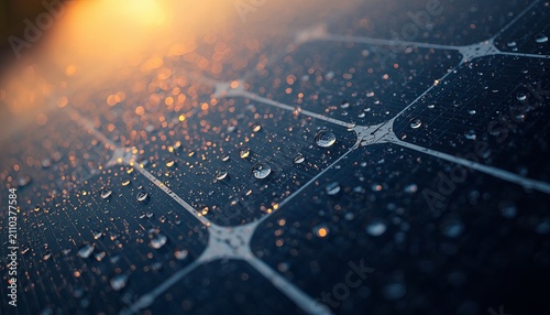 Dew drops gleaming upon solar panel surface during golden hour morning sun rays reflecting light with captures close perspective droplets reflecting warm