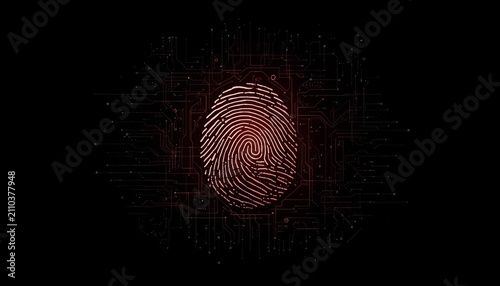 Glowing red digital fingerprint integrated into complex circuitry pattern representing advanced biometric security systems technology