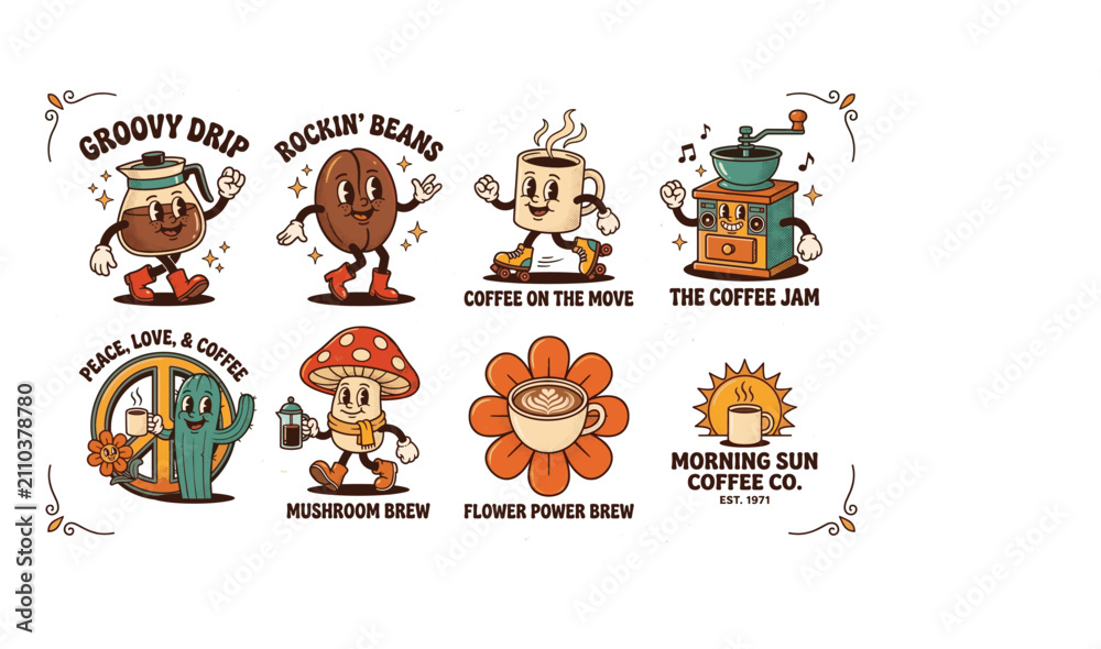 Fototapeta premium Set of retro cartoon funny drink characters. Coffee cup, coffe on the move, morning shine coffe, peace love and coffe, coffee grinder, mushroom, flower. Vintage vector illustration. Nostalgia