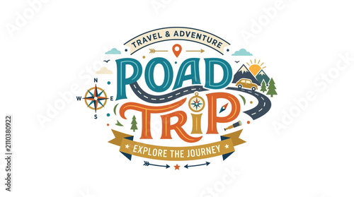 Flat Vector Illustration of Outdoor Adventure and Travel Road Trip Badge Emblem