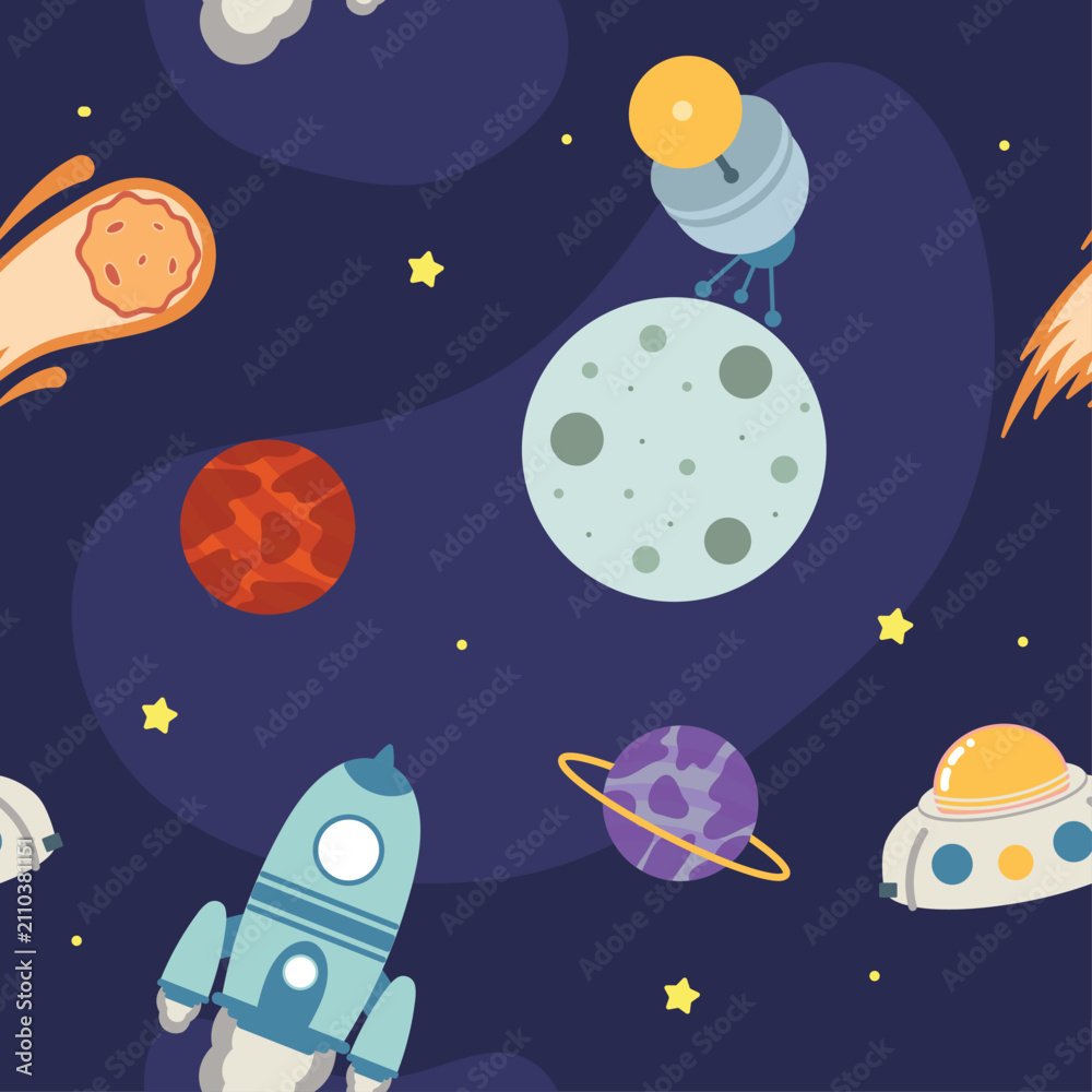 Naklejka premium Seamless pattern with cute outer space astronaut and planets vector