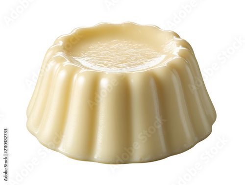 Smooth vanilla pudding with a creamy custard texture, isolated on a white background for a clean dessert presentation.