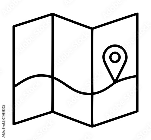 Folded map with location pin vector icon illustration. Hand-drawn minimalist outline design for navigation and travel graphics.