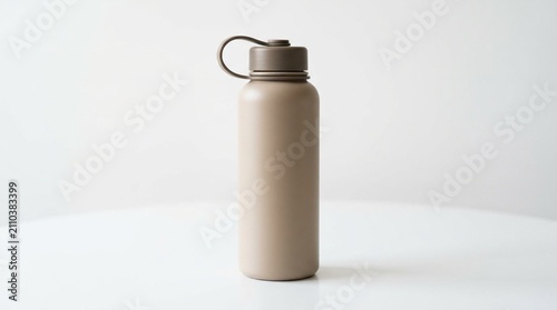 A minimalist matte beige reusable water bottle with a soft loop cap stands upright on a clean white surface, showcasing eco-friendly hydration and modern design for daily use and travel.