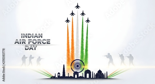 Indian Air Force Day graphic with fighter jets and national landmarks