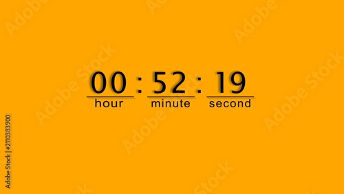 Photography Digital clock showing zero zero hours fifty two minutes and nineteen seconds on yellow background