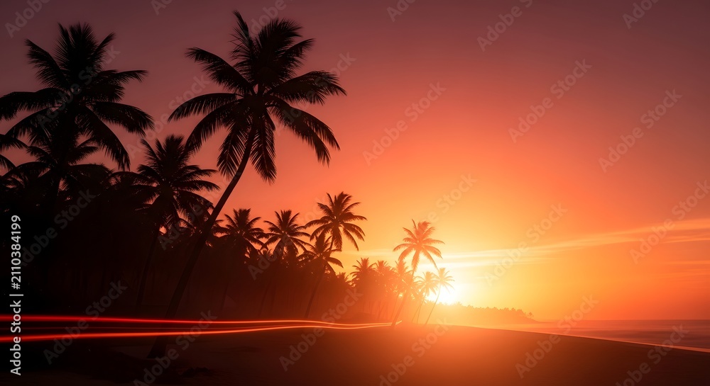 Obraz premium Sunset over tropical beach with palm tree silhouettes