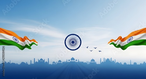 Indian flag with monuments and ashoka chakra