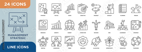 Management strategic icon set illustrating planning strategy, tactics, vision, objective, roadmap, goal, planning