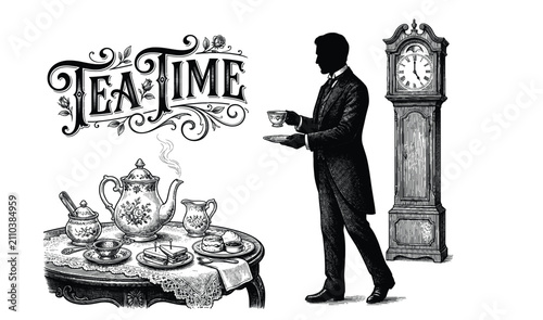 Canvastavla Five o'clock Tea time set with teacup, teapot, strainer
