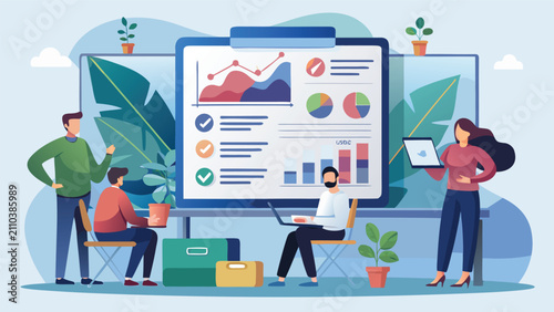 Professional business team analyzing marketing data charts on large presentation board in modern office meeting with business analysis marketing presentation strategy professional analytics