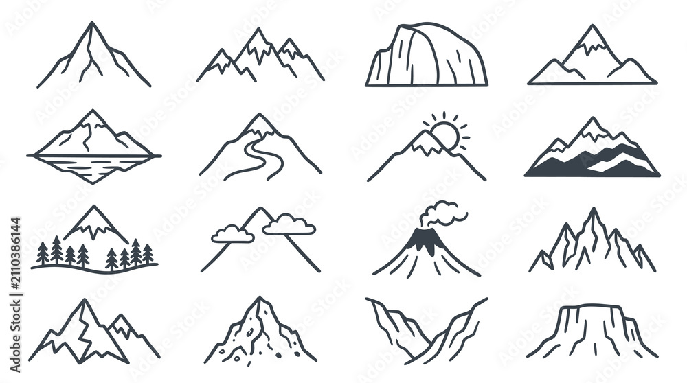 Fototapeta premium Sleek Black and White Mountain Landscape Icons Set with Various Scenic Elements and Activities with high quality professional line art symbols for modern creative design and digital branding projects