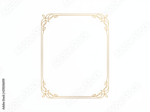 Elegant gold frame with intricate filigree corners on a clean white background. Luxury metallic border featuring delicate floral swirls and ornate line art. Minimalist golden rectangular frame