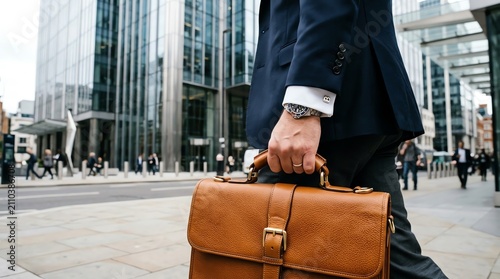 Businessman in navy suit carrying professional brown leather briefcase walking through modern city financial district