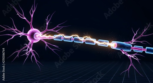 Neural cell with electrical signal traveling along axon