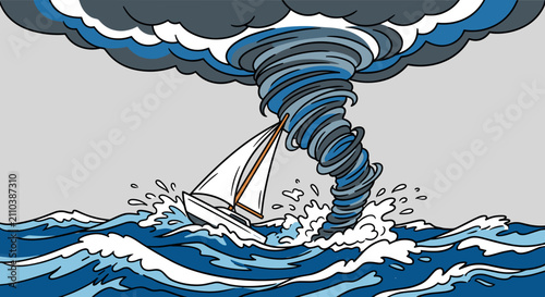 Tornado looming over a sailboat in a rough stormy ocean