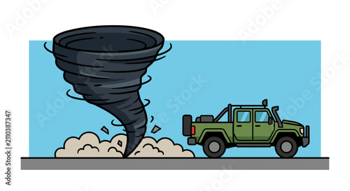 Tornado approaching a green offroad truck in a landscape scene